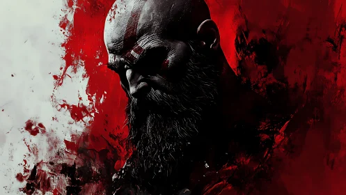 Grim bearded warrior portrait in red abstract digital field