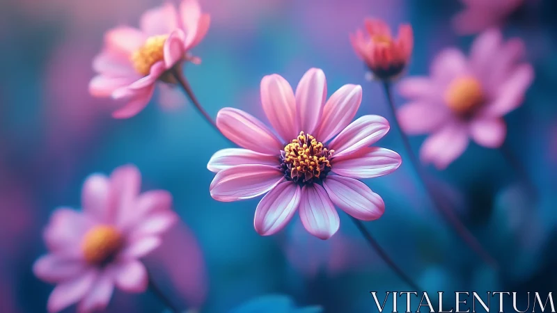 Pink Daisies with Golden Centers Against Blue Background