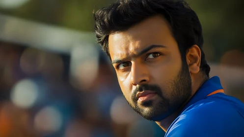 Intense bearded man in blue shirt under warm stadium light.