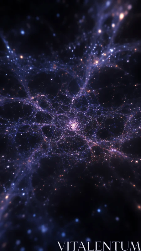 Cosmic filament web swirling around radiant galactic core.