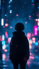 Neon-lit silhouette in cyberpunk alley with bokeh haze.