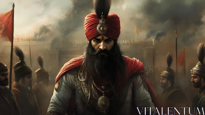 Warrior prince in ornate turban before smoke-filled battlefield.
