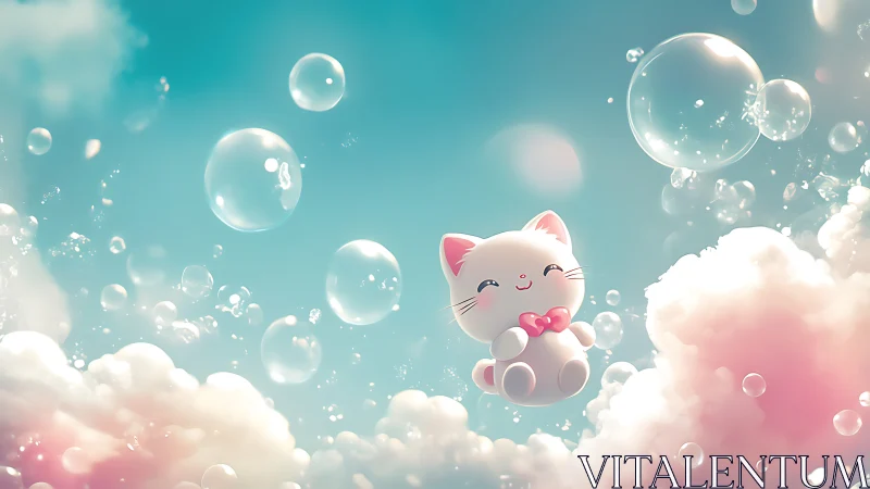 A Joyful Calico Cat Floats Through Dreamy Clouds and Bubbles