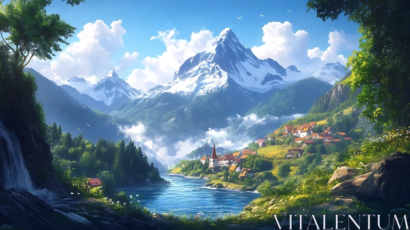 Snowcapped mountain towers above sunlit lakeside village