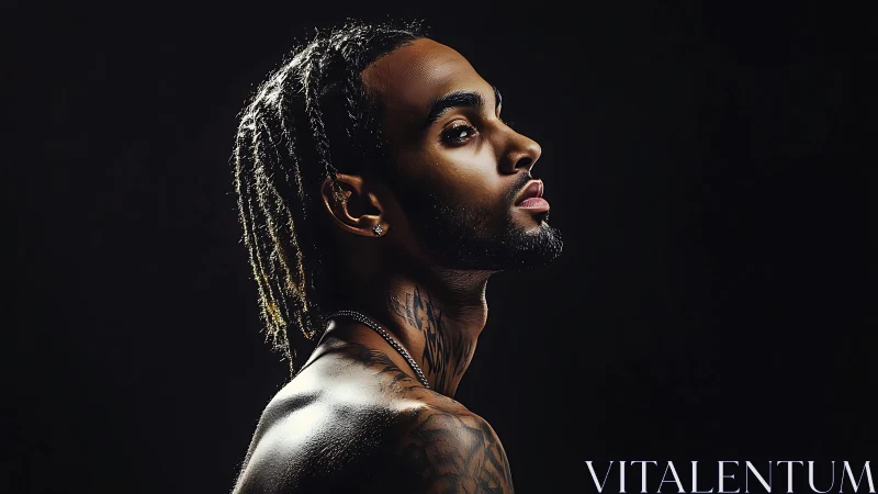 Striking side portrait of a thoughtful tattooed man in light.