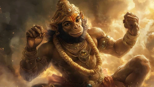 Divine monkey warrior blazes through swirling celestial gold