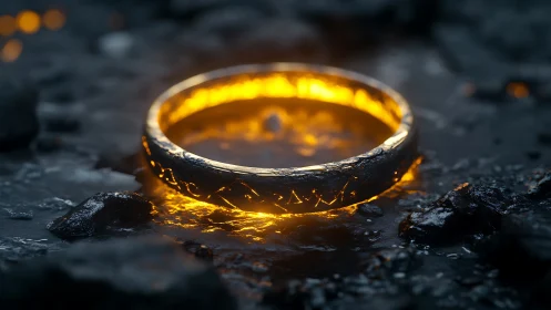 Photorealistic molten ring on volcanic stone surface composition.