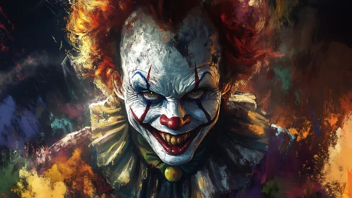 Sinister clown portrait with intense, chaotic colors.