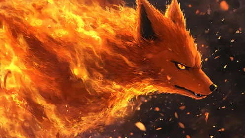 Fiery fox spirit erupts through swirling inferno canvas.