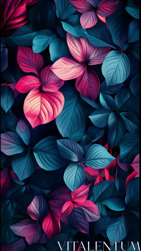 Neon-toned foliage tapestry in deep cyan and magenta glow.