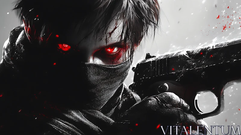 Masked gunman stares with glowing red eyes in stark contrast