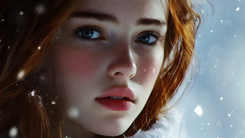 Hyperreal redheaded portrait under snow with soft subsurface scattering