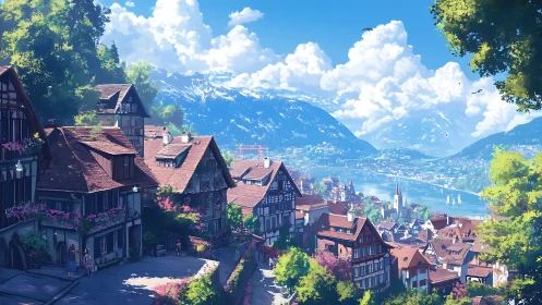Digital painting of alpine riverside town with layered rooftops.