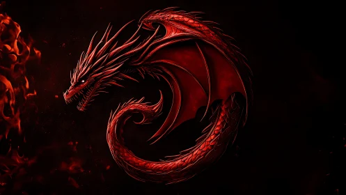Red dragon curls into circular pose against black background