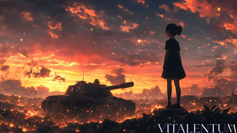 Backlit child silhouette confronts armored tank in burning dusk field