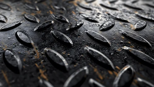 Close-up of worn industrial metal plate with diamond texture pattern.