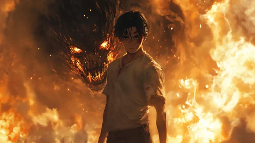 Boy stands before blazing inferno with demonic fire spirit