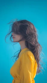 Profile portrait in yellow dress against vivid cyan sky.