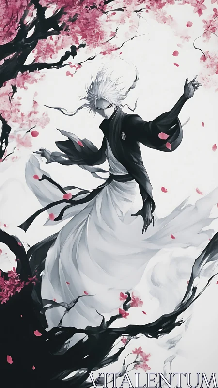 White-haired spirit swordsman dances through blooming shadows