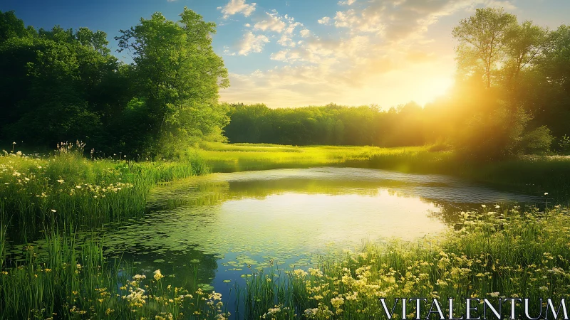 Sunlit meadow pond with reflective water and soft haze.