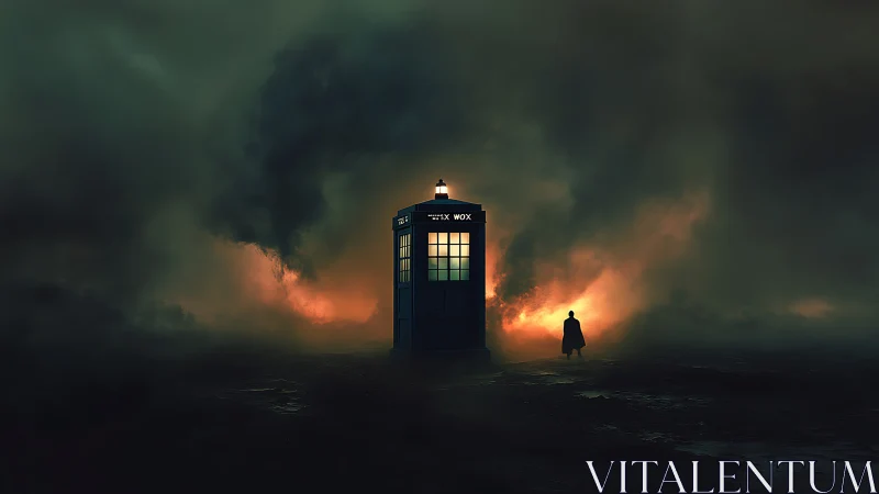 Lonely police box glows through apocalyptic storm haze.