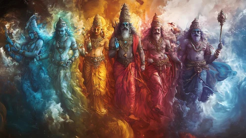 Elemental deities stride through swirling celestial storms.