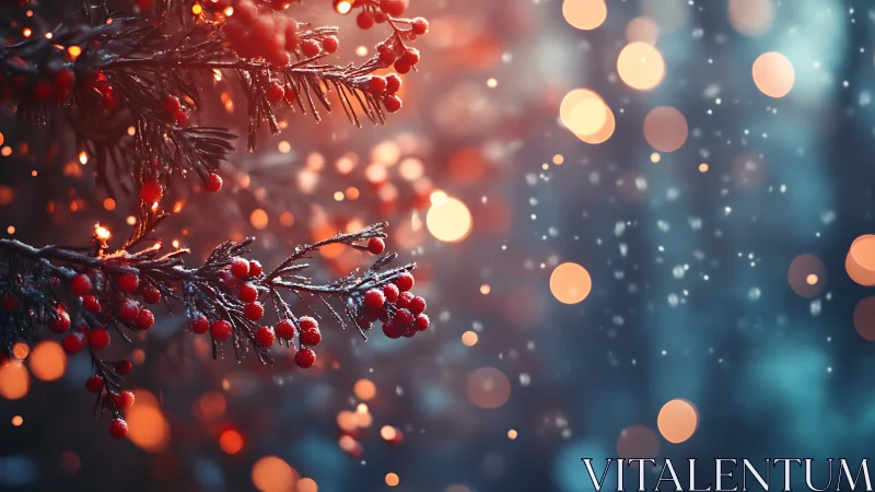 Frost-kissed winter berries under lantern-bright bokeh glow.