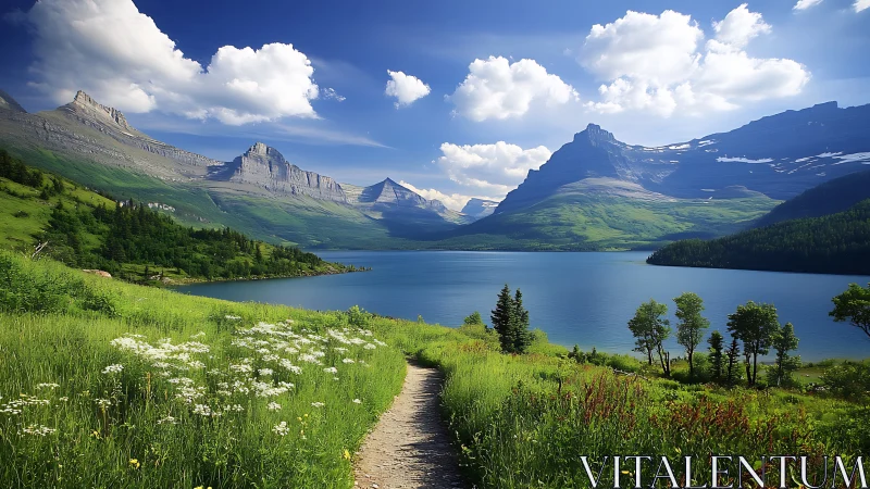 Mountain lake trail winds through lush summer valley under clouds.