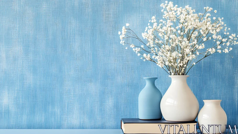 Powder-blue vases whisper calm beside blossoming white stems