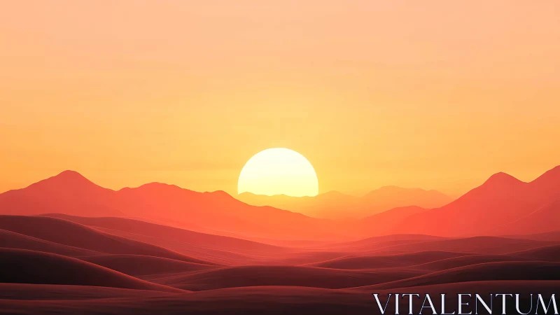 Low-poly style desert sunset with layered volumetric haze gradients