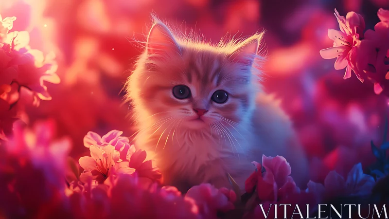 Digitally rendered fluffy cat surrounded by neon pink and blue flowers.