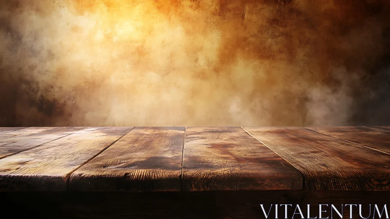 Rustic wooden tabletop under warm, diffused atmospheric backlight