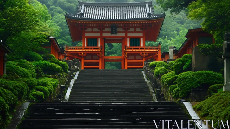 Serene temple gate rises above misty forested stone steps