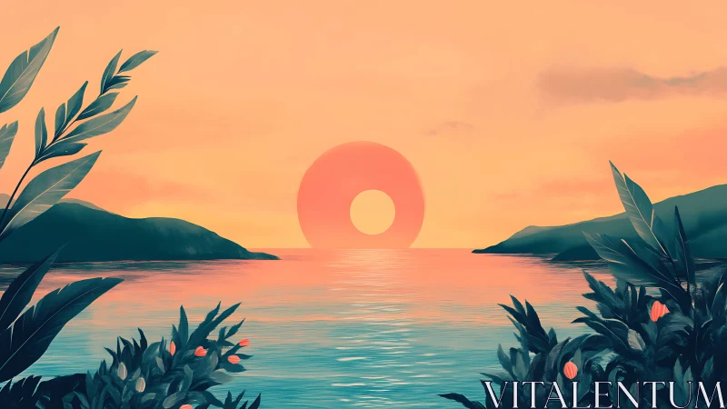 Surreal tropical bay with luminous halo sun at dusk.