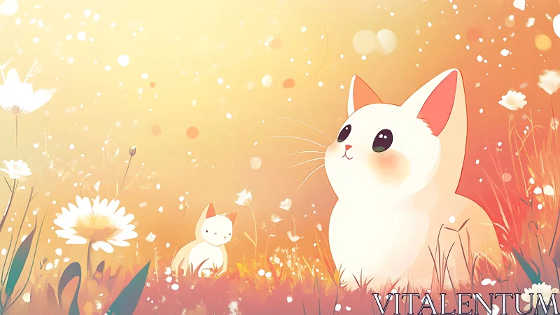 White Cat with Coral Ears in Daisy Field Scene