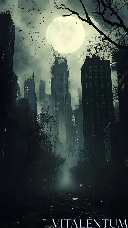 Moonlit ruined city street with decayed high-rise towers.