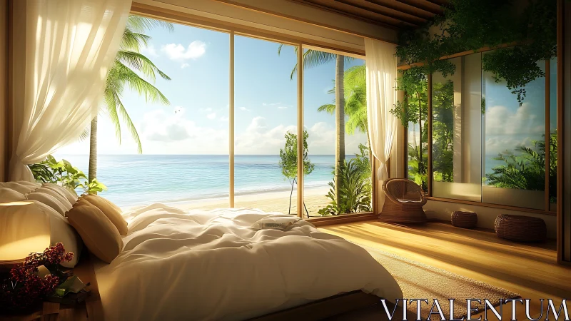 Sunlit coastal bedroom overlooks tranquil tropical beach