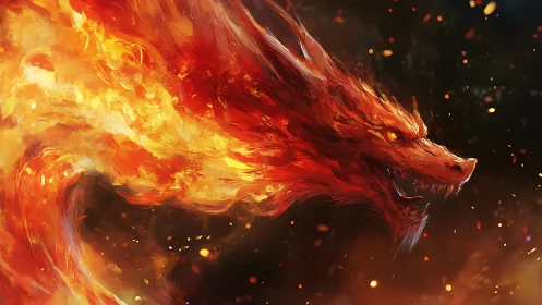 Fiery dragon head made of swirling flames in darkness.