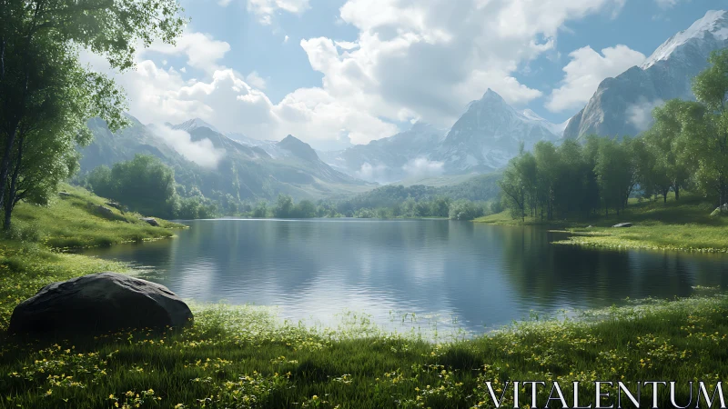 High-altitude alpine lake with snow-capped peaks and spring meadow