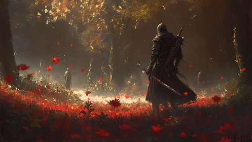 Cloaked warrior steps into a glowing forest of red petals