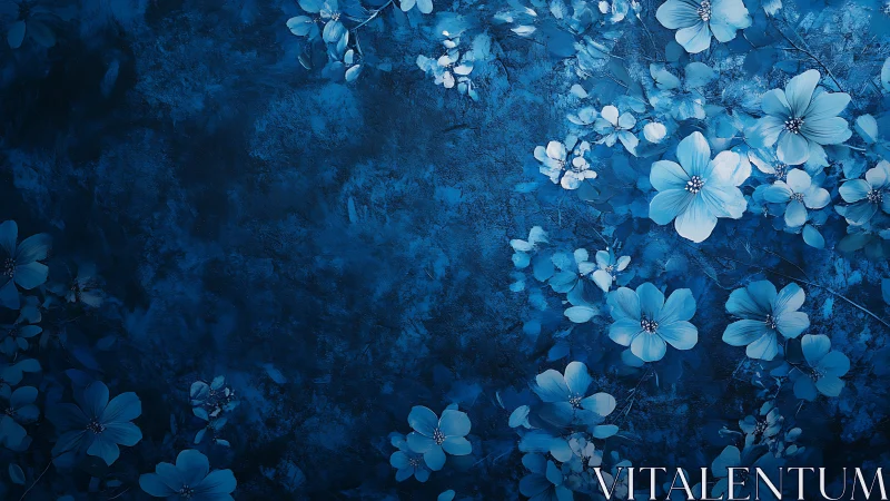 Blue Cosmos Flowers on Textured Indigo Background Composition