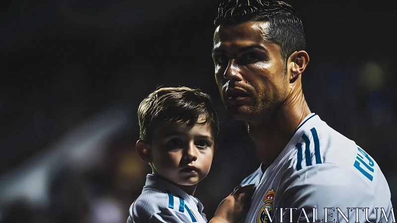 Soccer player holds young child under stadium lights.