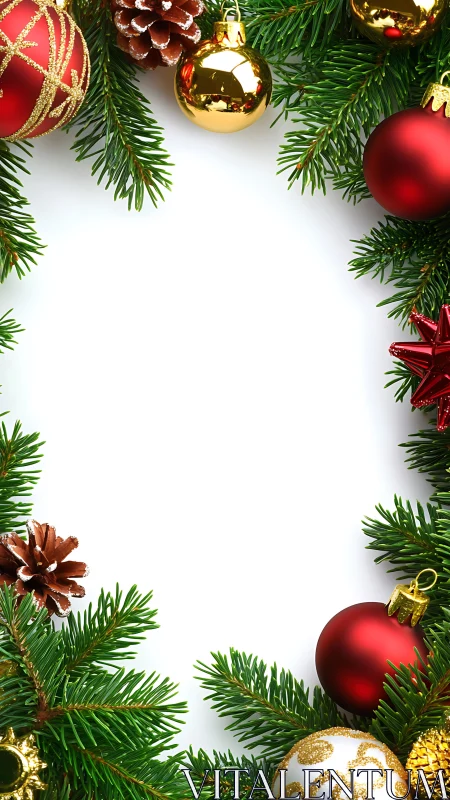 Rectangular frame of decorated fir branches encloses blank space