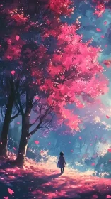 Chromatic forest corridor with silhouetted solitary wanderer.