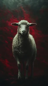 Solitary white sheep stands against dramatic crimson storm.