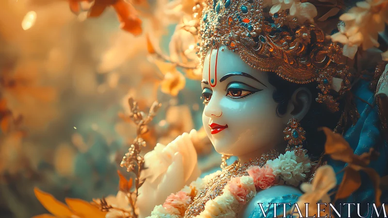 Ornate deity statue rendered in warm, shallow-focus lighting
