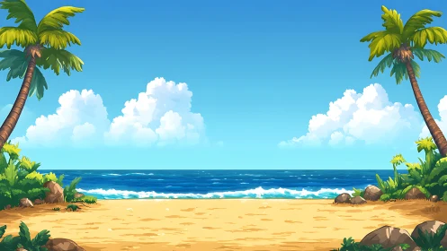 Tropical Beach Diorama with Bilateral Palm Composition and Cumulus Sky