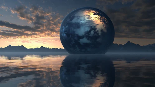 Massive reflective sphere over calm water at sunset
