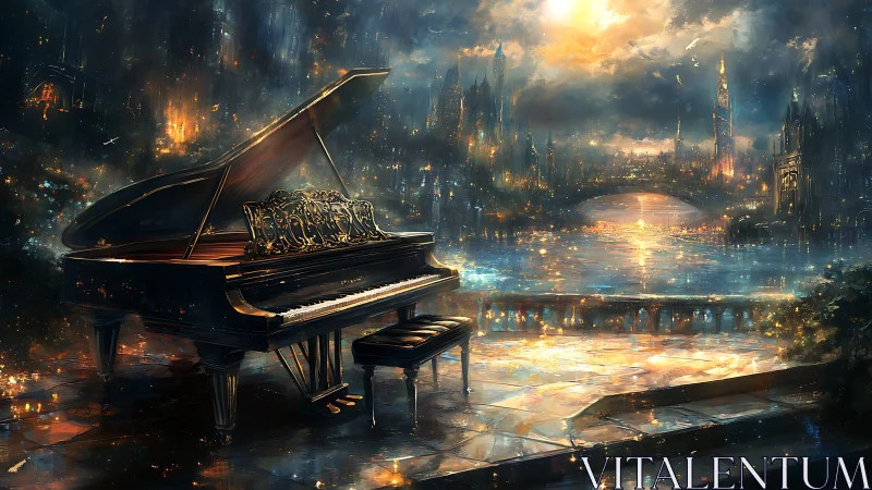 Grand piano on terrace above glowing river city at dusk.