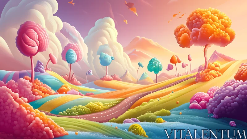 Colorful candy-like fantasy landscape with winding road.